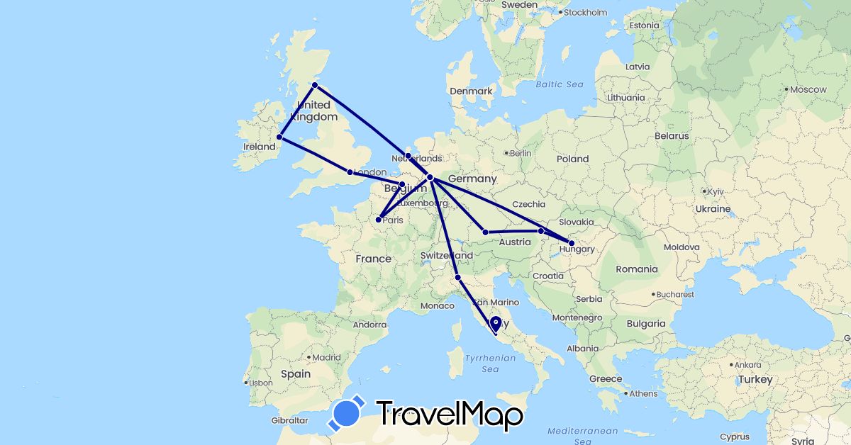 TravelMap itinerary: driving in Austria, Belgium, Germany, France, United Kingdom, Hungary, Ireland, Italy, Netherlands (Europe)